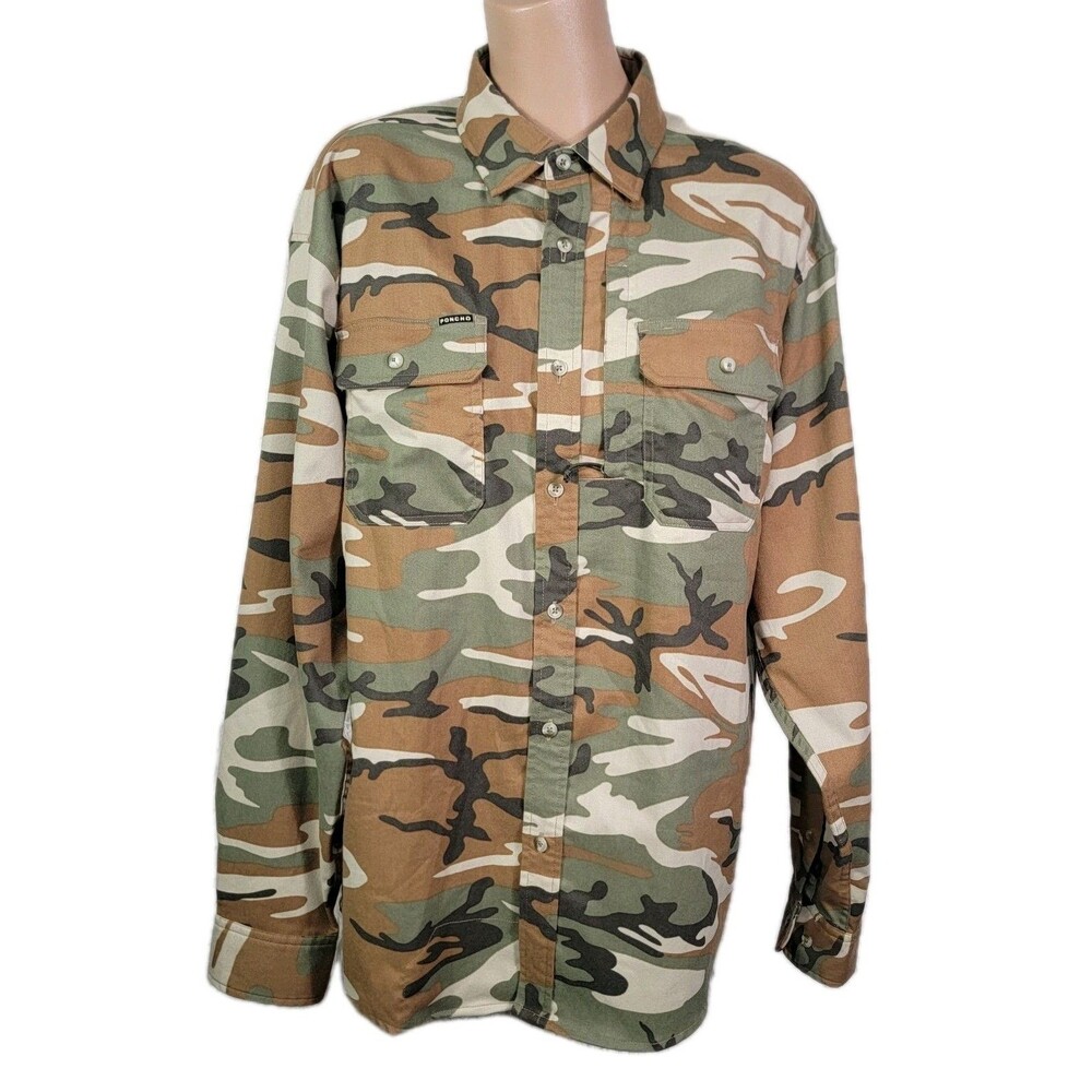 Poncho Camo Shirt Men's Size M Regular Fit Magnetic Pockets Button Up Stretch R